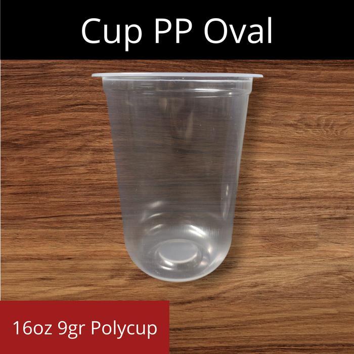 Gelas Cup Plastik Bahan PP Model Oval 16oz 7gr / 16oz 8gr / 16oz 8,5gr / 16oz 9gr Sablon 1 Warna