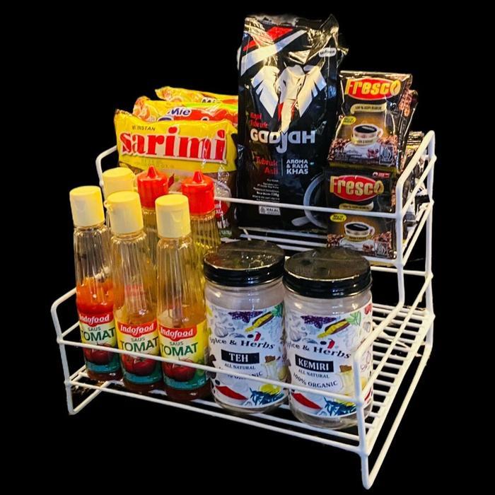 Rak tempat bumbu dapur dan tempat minuman aqua dan kue lebaran dari besi anti karat