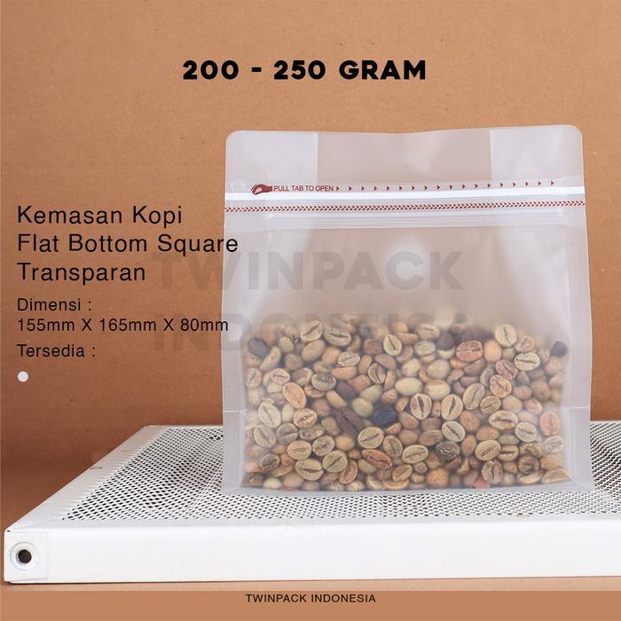 Kemasan Kopi 200gr - 250Gram Square Pouch boxy Zip lock warna Transparan Doff isi 50 pcs Flat Bottom
