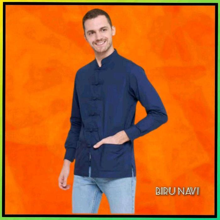 Baju Kemeja Tradisional Cina Cheongsam Pria Atasan Imlek Qipao Biru Navi