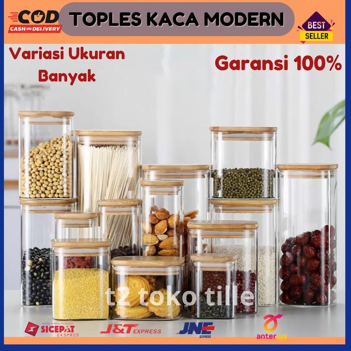 Toples Kaca Aesthetic Penyimpanan Wadah Makanan Kue Kering Tutup Kayu