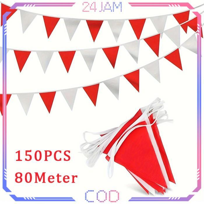 150pcs Bendera Merah Putih Segitiga Kain 80 Meter Bendera Segitiga Merah Putih Bendera Warna Warni