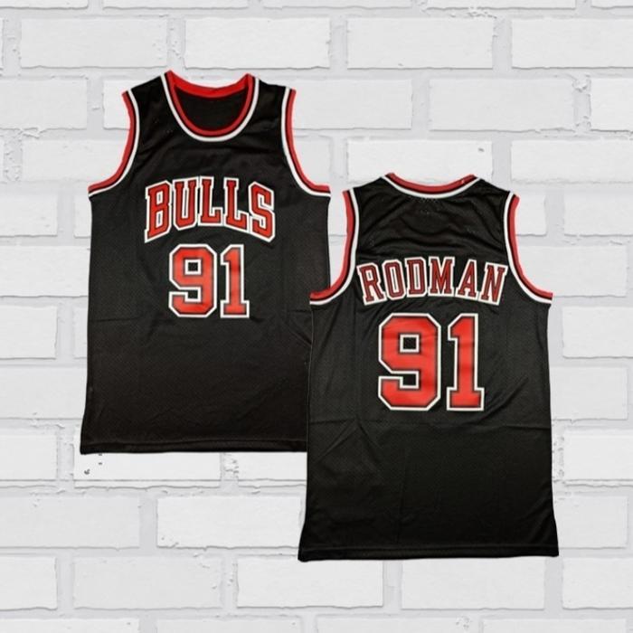 BORDIR Jersey Retro - Rodman #91 - Black bulls Baju Basket Classic