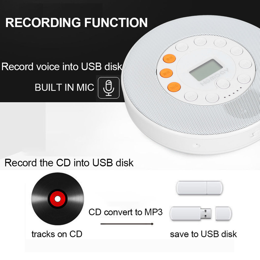 CD Music Player Portable CD Player 2000mAh Rechargeable CD Music Player Support CD CDRW MP3 with