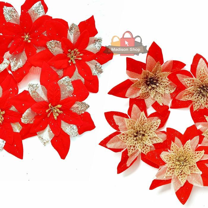 Bunga Natal Ponsentia Bahan Kain Dekor Bunga Merah Murah Parcel Natal