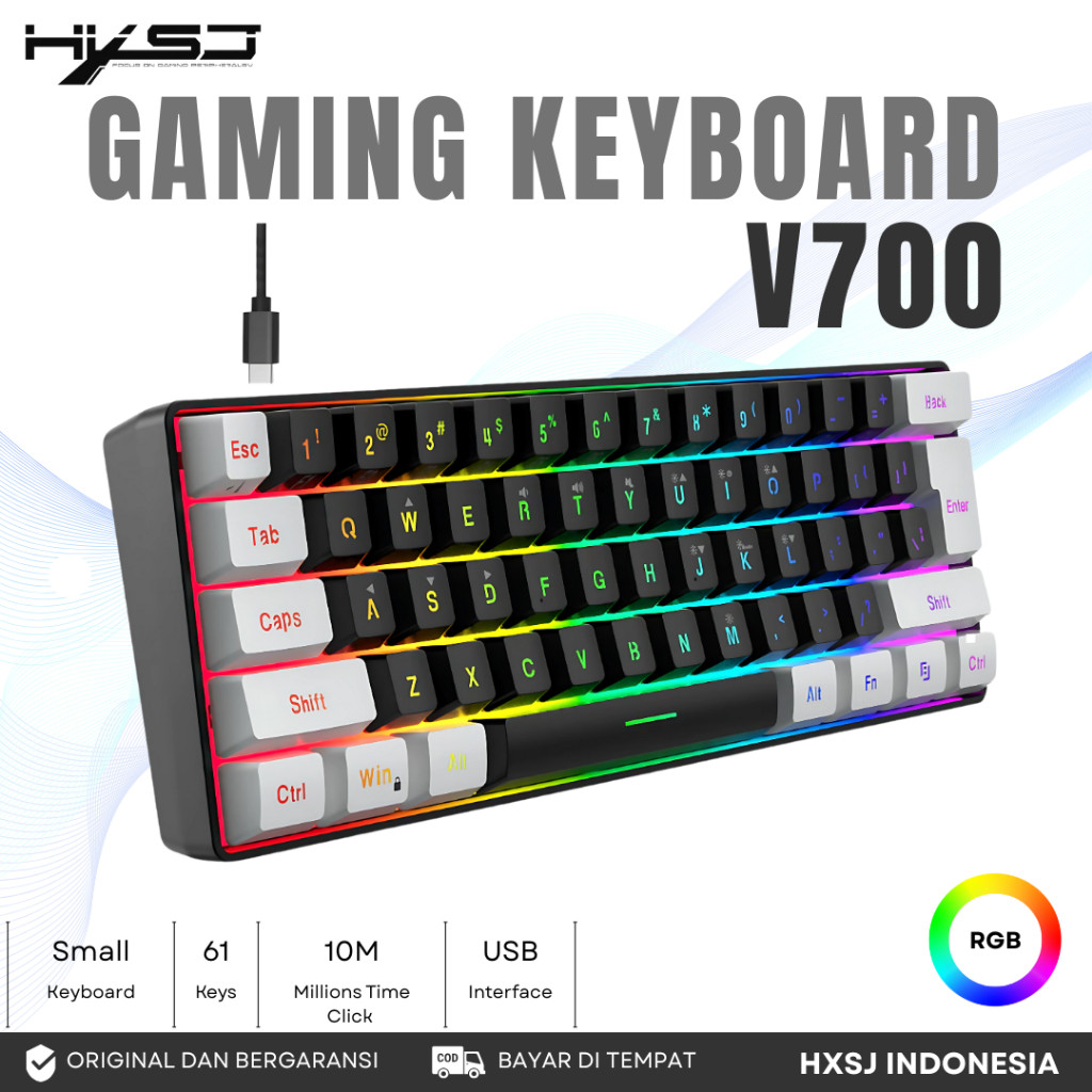 BESSELLER HXSJ V700 RGB STREAMER WIRED KEYBOARD 61 KEY LAYOUT