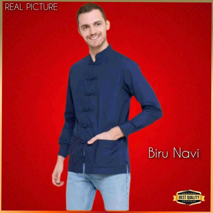 Baju Cheongsam Pria Dewasa Kemeja Imlek Modern Biru Navi