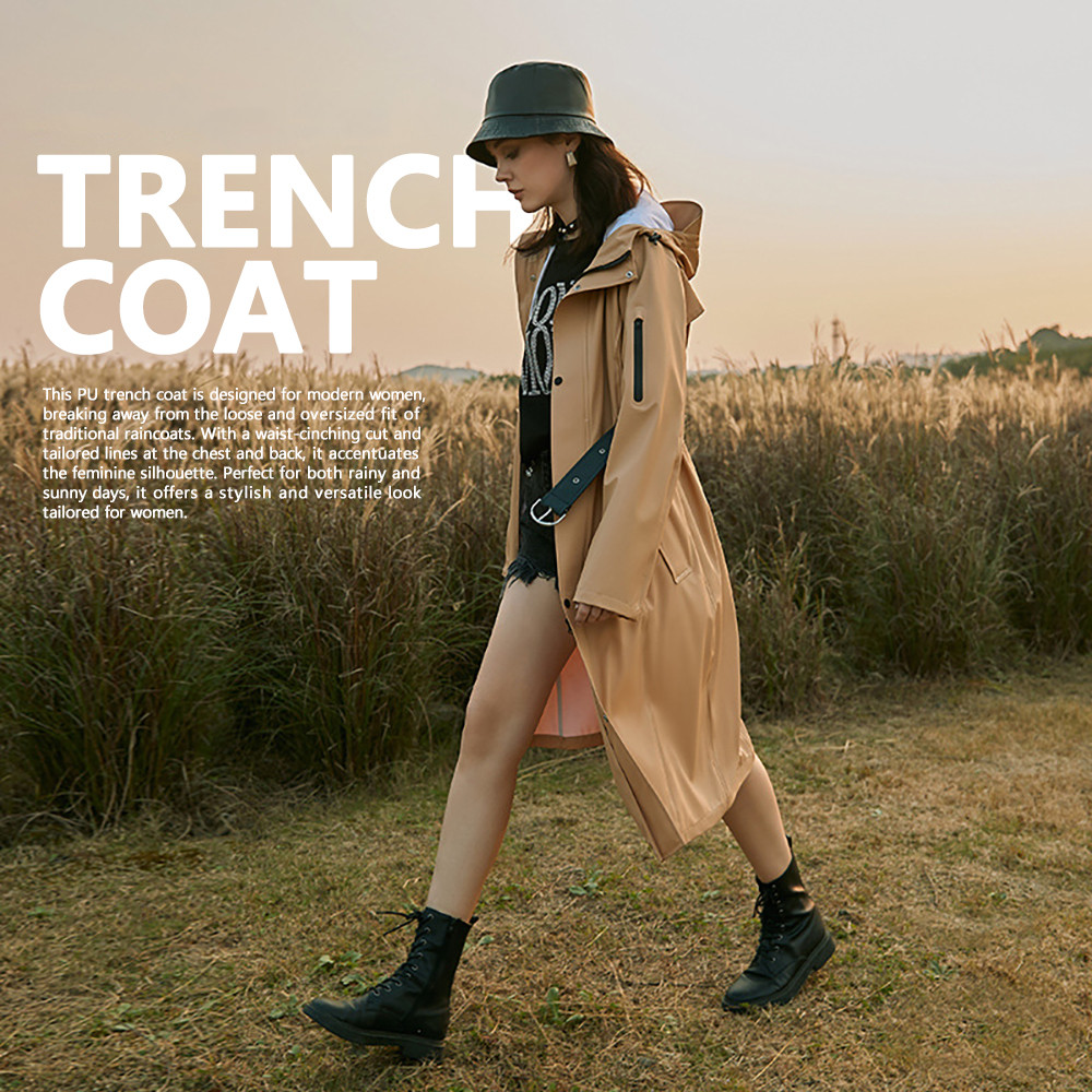 Waterproof Long Trench Coat Women Fashion Elegant Waist Tie Raincoat PU High Frequency Knitted