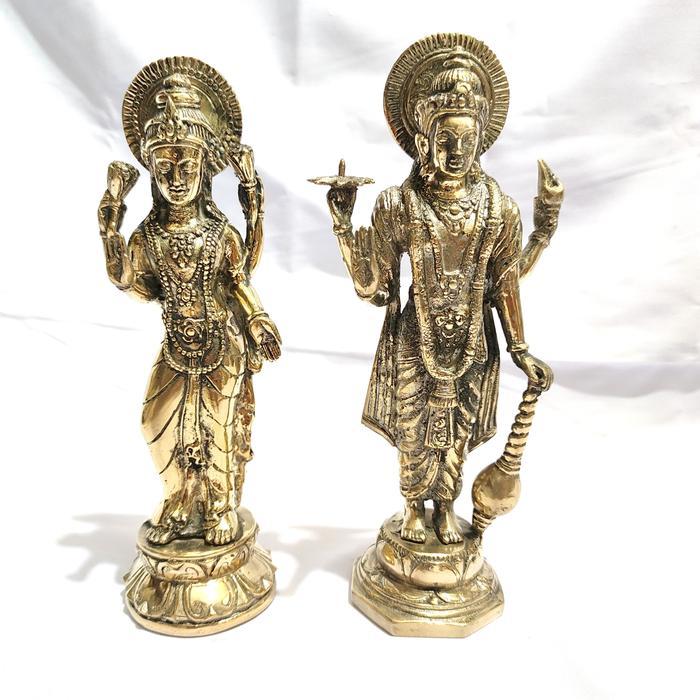 Patung dewa wisnu dan dewi Laksmi 27cm berdiri gold kuningan set