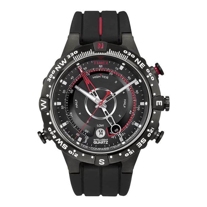 PROMO BESAR Jam Tangan Pria Timex Intelligent T2N720 Tide Temp Compass Black Dial Black Rubber Strap