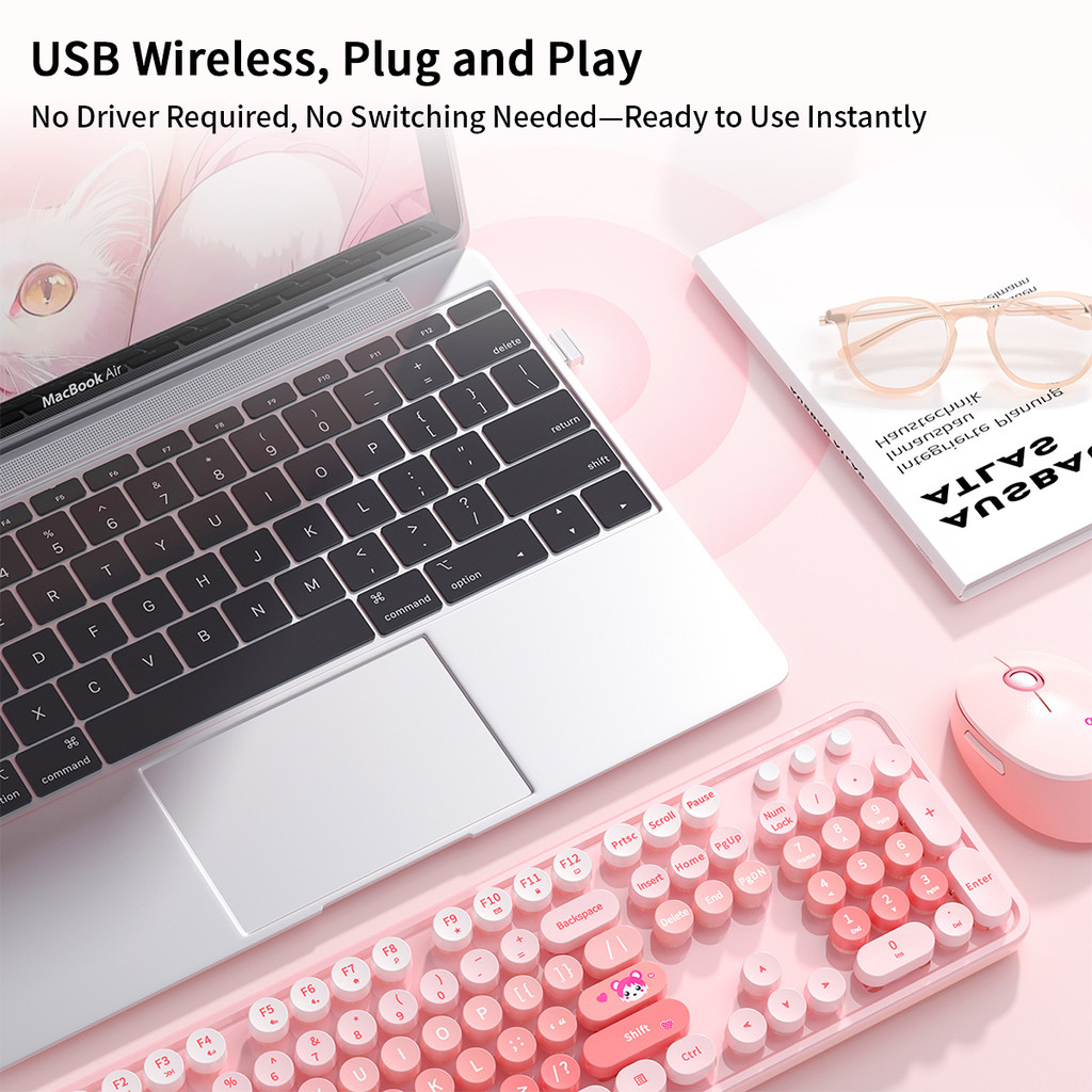 MOFII Pink Cute Wireless Keyboard and Mouse Combo, Round Keycaps Full Size 2.4G Wireless Keyboard