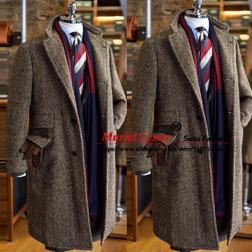 . Winter Men Trench Coat Long Brown Herringbone Wool Blend Single -