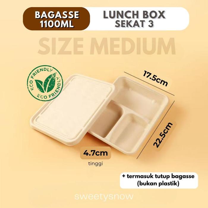 BAGASSE LUNCH BOX SEKAT 3 / BAGASSE 1100ml 3 SEKAT / wadah makanan sekali pakai ramah lingkungan /