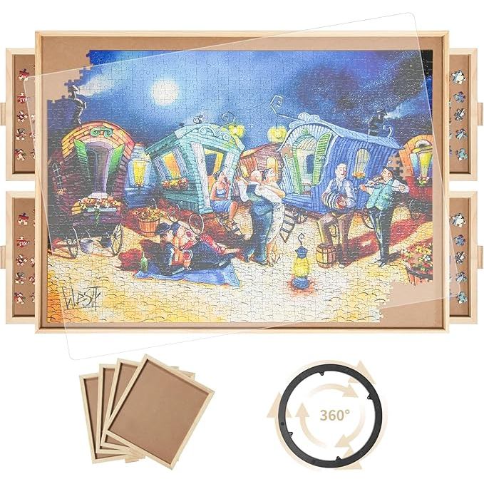 1500 Pieces Rotating Puzzle Board with 4 Drawers,34.25"x25.2" Portable Wooden Jigsaw AS39