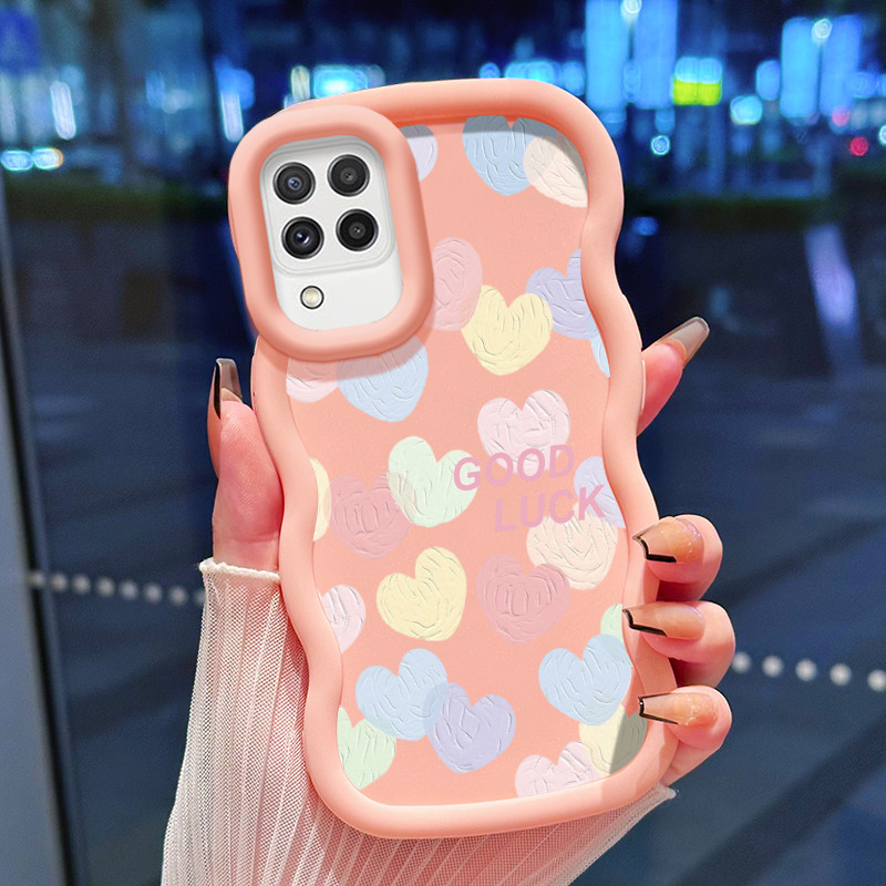 Casing Hp Untuk Samsung A22 M22 M32 Case Hati krim biru muda Cesing Polos Kasing Macaron gelombang K