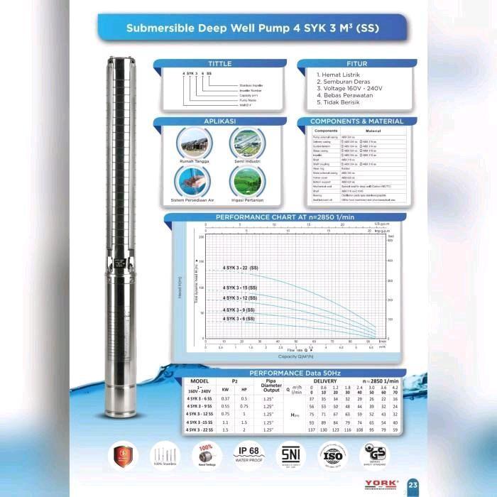 Ready POMPA SATELIT YORK 0.75HP 4INCH YORK 4SYK3-9SS PLUS CONTROL BOX IMPELLER STAINLESS