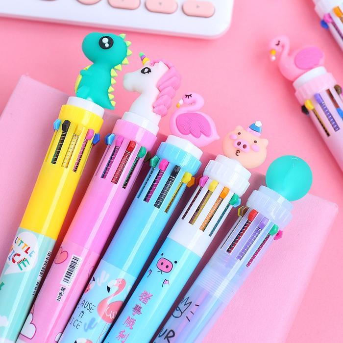 "New" PULPEN 10 WARNA BERMOTIF LUCU /PULPEN ANAK KARAKTER MOTIF DINO UNICORN Stationery