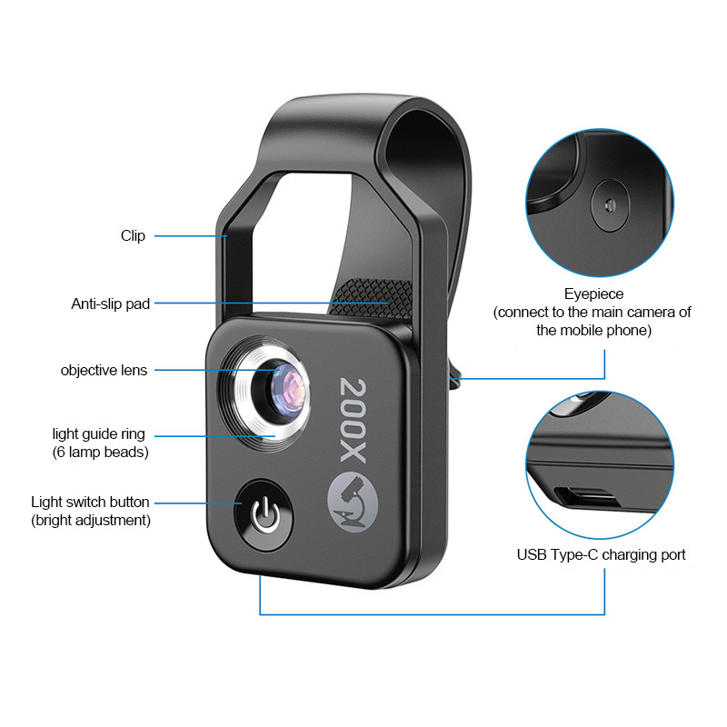 . 200X Magnification Phone Camera Microscope Lens Digital Microscope -