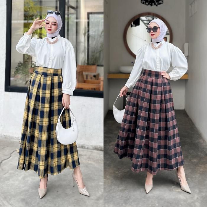 Rok Flanel 7/8 Midi Premium Enifta Rok Mayung Kotak-Kotak Wanita Tbk