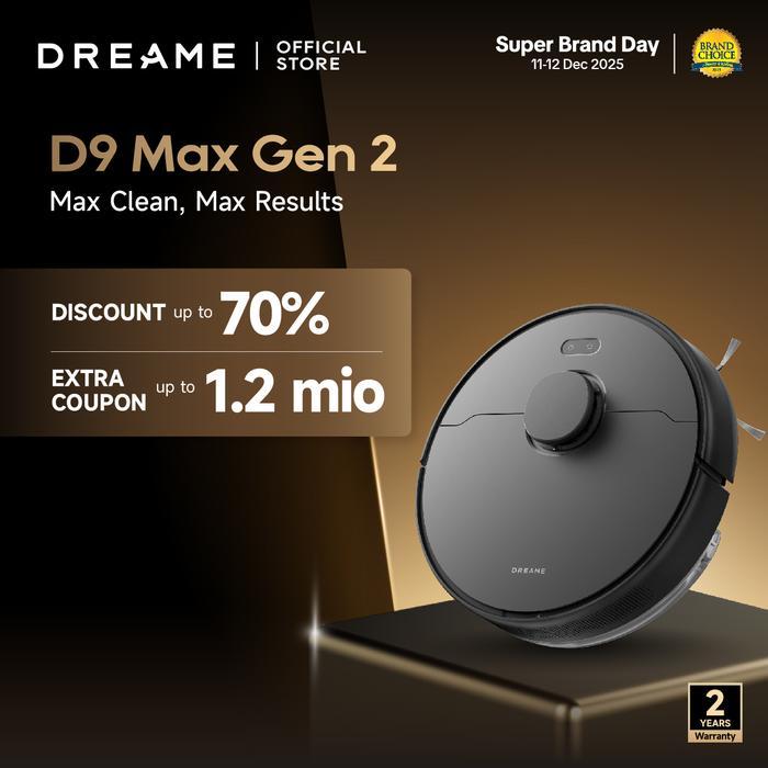 Dreame D9 Max Gen 2 Robot Vacuum Cleaner and Mop - Hitam, Kapasitas Debu 0.57L, Suction Power 6000Pa