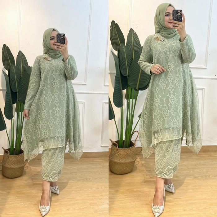 sar Set Kebaya Khalisa Atasan Tunik dan Rok Baju Kondangan Premium Mix Brokat Motif Etnik - Panjang,