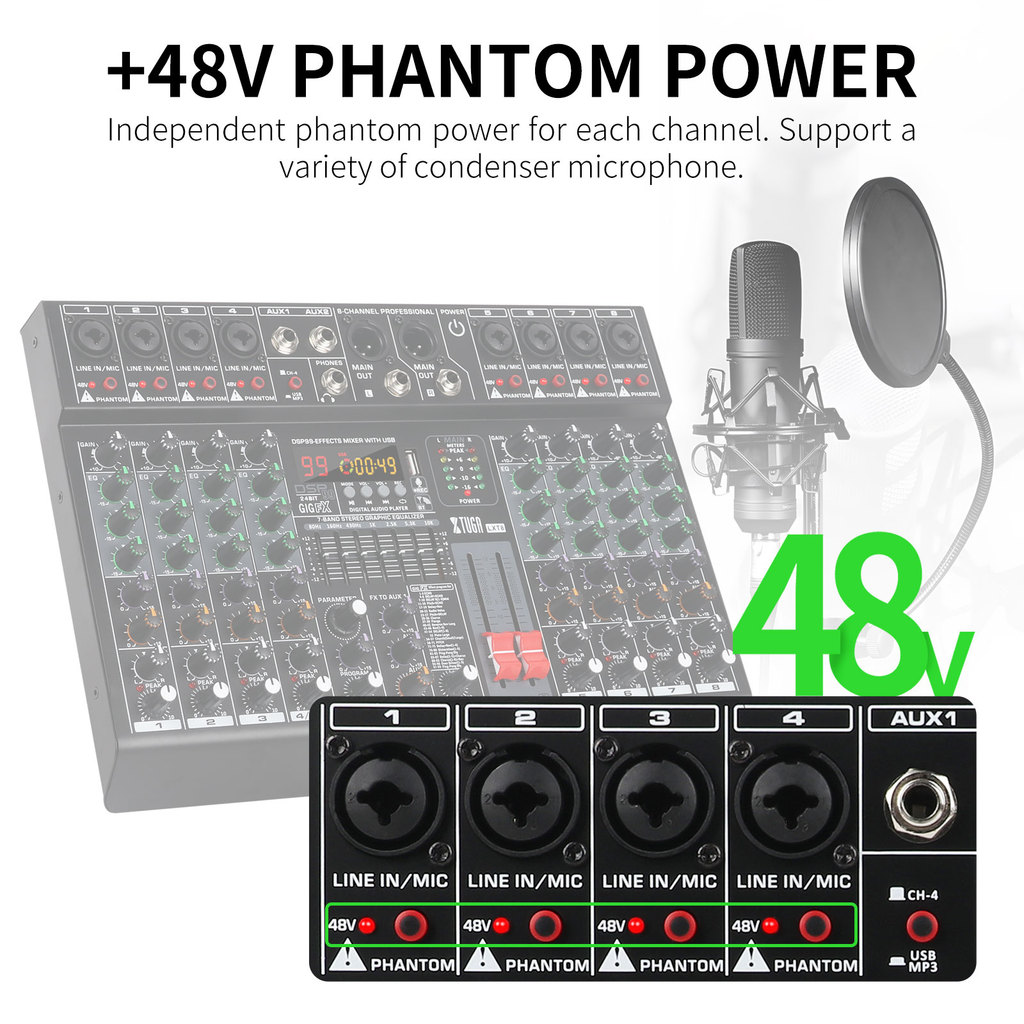 . Xtuga Professional 8 Channel Audio Mixer With 99 Dsp Effects7-Band -