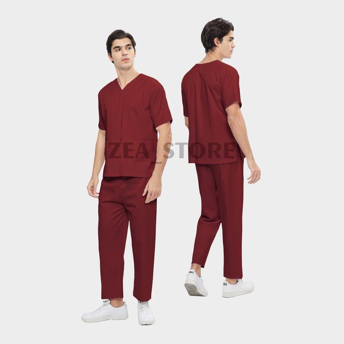 OKA Scrub Medis Baju Scrub Medis Lengan Pendek Pria Bahan American Drill Nyaman untuk Jaga Perawat W