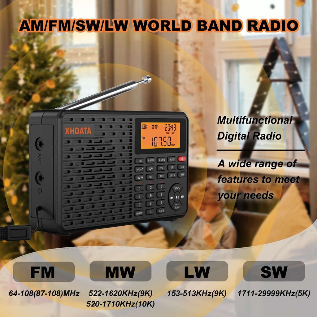 XHDATA D-109 Stereo Digital Portable Radio AM SW MW FM Radio Bluetooth Compatible Multifunctional