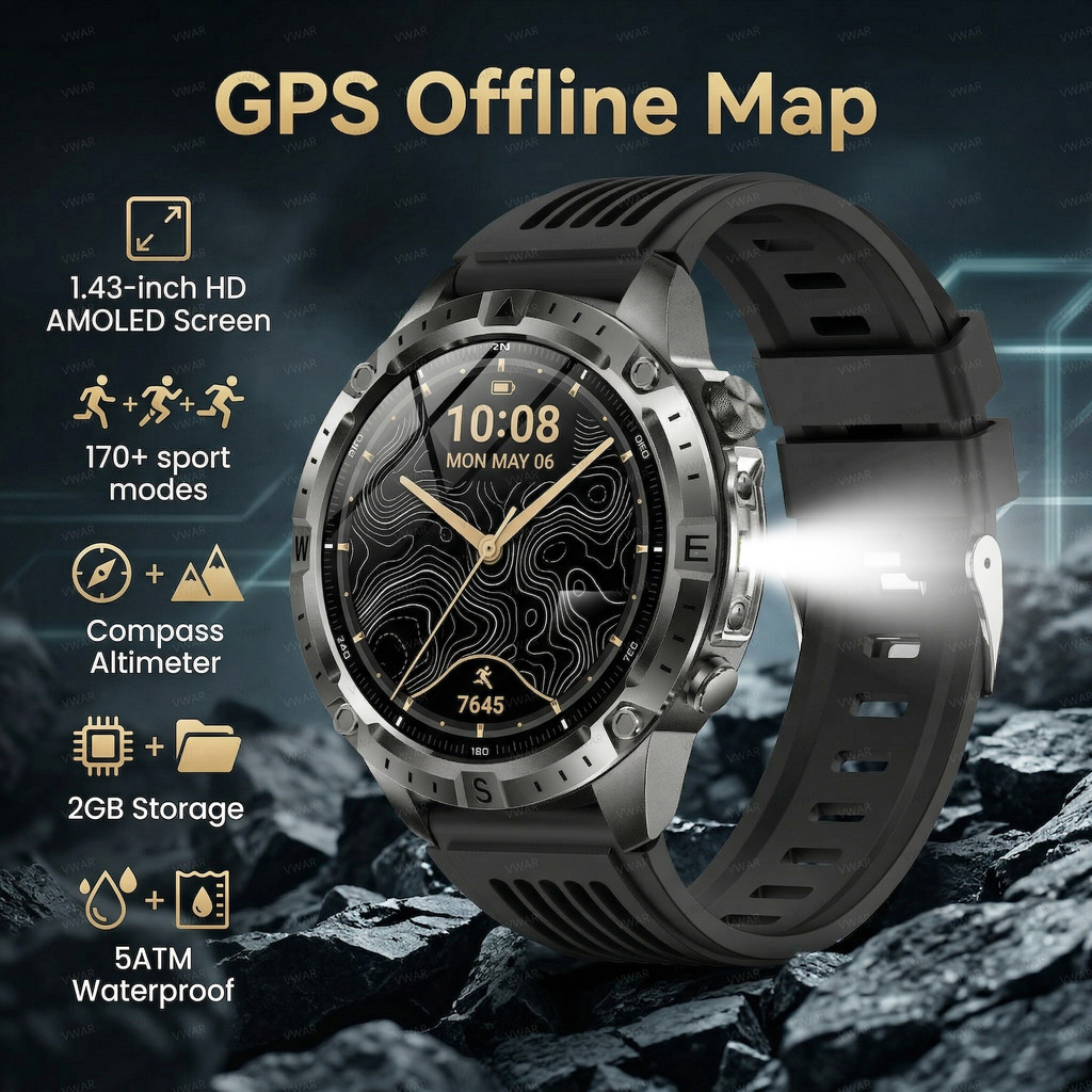 VWAR Trek GPS Smartwatch with Offline Maps Flashlight Sports Smart Watch Men 5ATM Waterproof 2GB