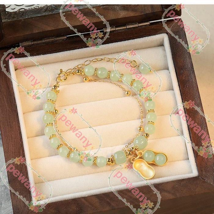 Gelang Rantai Manik-Manik Kacang Hijau Mutiara Emerald Emas
