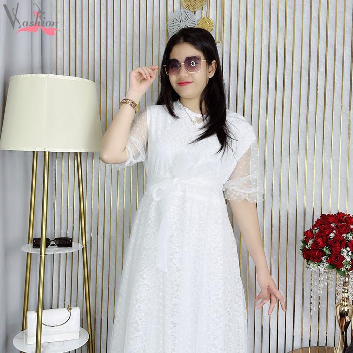 DresQuu- Longdress Brukat Kombinasi Tile Tutu Polos Putih 20110 Gaun Vima Premium Panjang Wanita