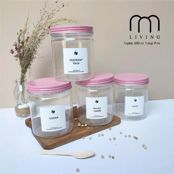 Toples Bumbu Dapur 600ml TUTUP PINK Free Sendok Plastik & Label Waterproof