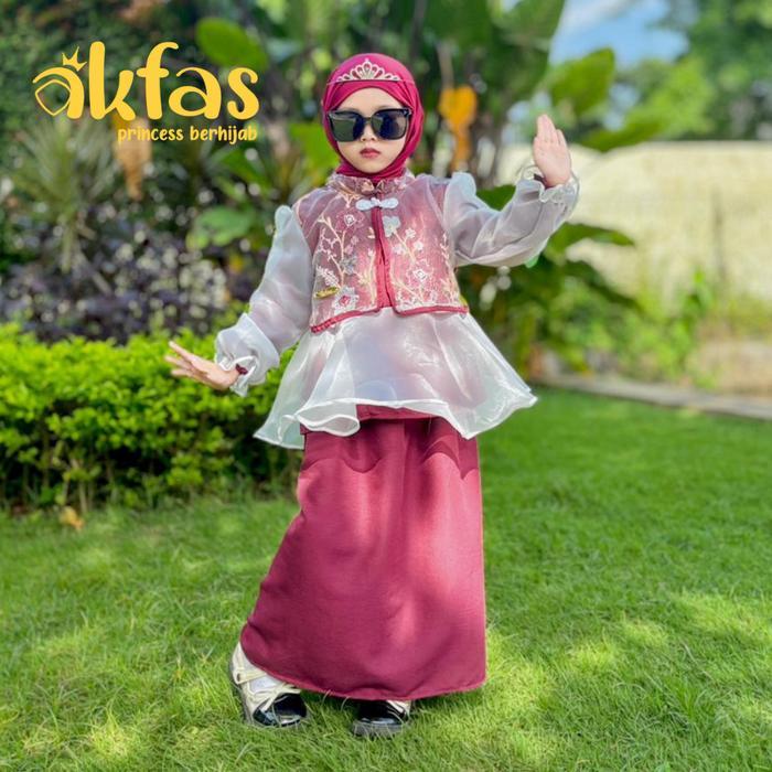 Akfas - Set Blouse Dan Rok Span Muslimah Brokat Bordir Premium Wanita Outer Organza Elegant Biru