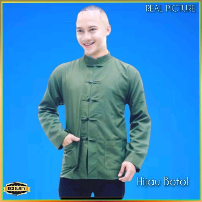 Baju Tradisional Cina Kemeja Imlek Pria Cheongsam Hijau Botol