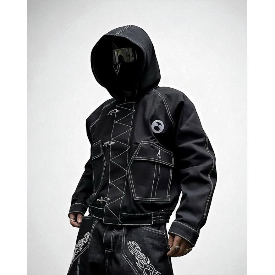Bawwa Jaket Raw Denim (Bahan Kaku) Fireman Clasp Jones Series Black Jaket Hoodie Fireman Clasp Boxy