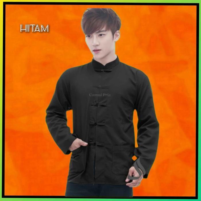 Kemeja Cheongsam Pria Lengan Panjang Hitam
