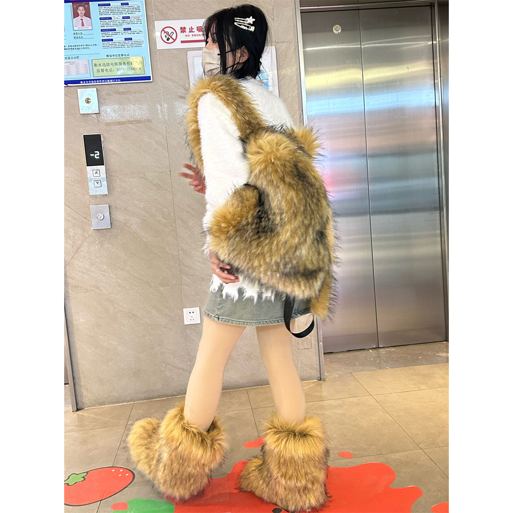 Y2K Faux Fur Leopard Women Backpack Solid Soft Fleece Knapsack Harajuku Style Winter Ladies Bag