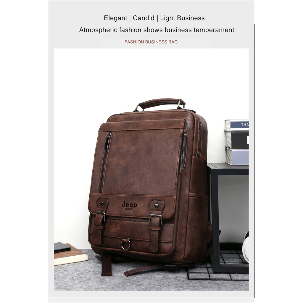 . Jeep Buluo Fashion Leather Men Backpack Business Male 15.6 Laptop -