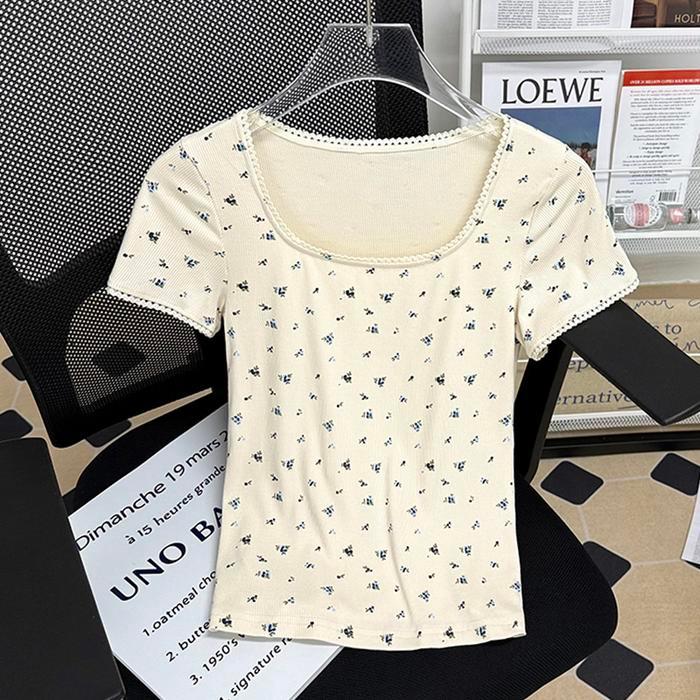 Premium Kaos Oblong Lengan Pendek Motif Bunga Renda Hitam Leher Persegi Original