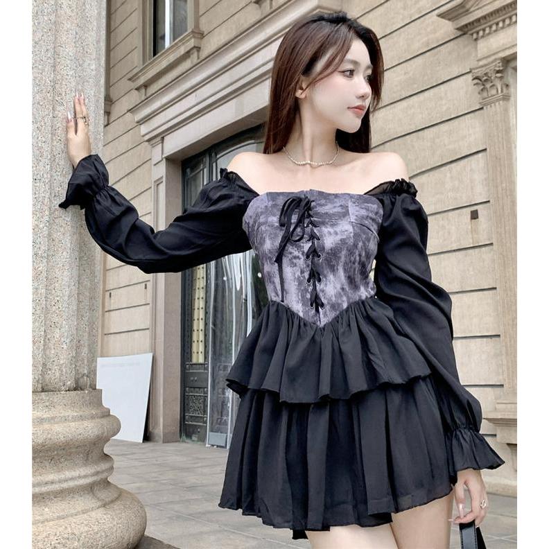 9030 Dress Cocktail Mini Hitam Bunga Formal 2XL Lengan Panjang Korea untuk Remaja Pesta Natal Casual