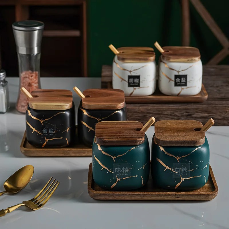 Japanese Kitchen frosted seasoning pot set two pack marble ceramic household combined seasoning box