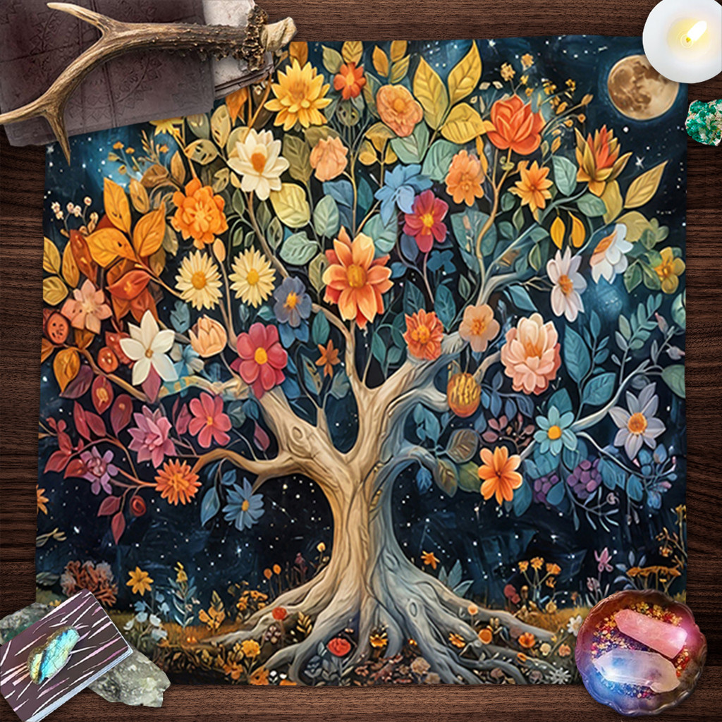 Tree of Life With Colorful Flowers Altar Cloth Tarot Tablecloth Sun Moon Tarot Card Table Cloth