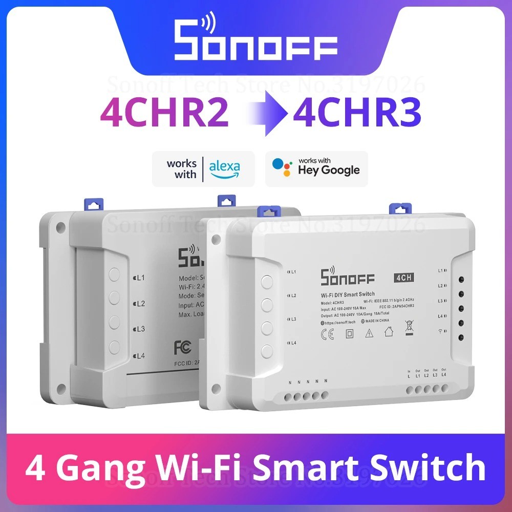 . Sonoff 4Ch 10A Wifi Smart Switch 4 Gang Light Switch Remote Control 4 Devices Ewelink App Works -