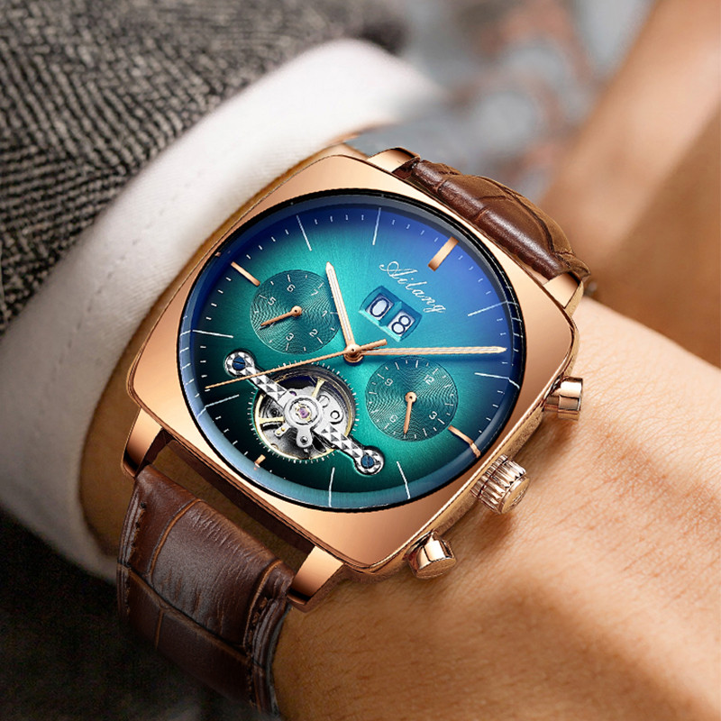AILANG Fashion Green Big Dial Square Mechanical Watch for Men Leather Strap Waterproof Tourbillon