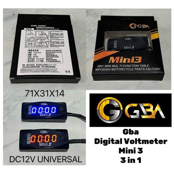 "New" GBA Voltmeter Digital Mini3 3in1 Pengukur Aki Motor & Suhu Jam Digital DC12V Universal LED