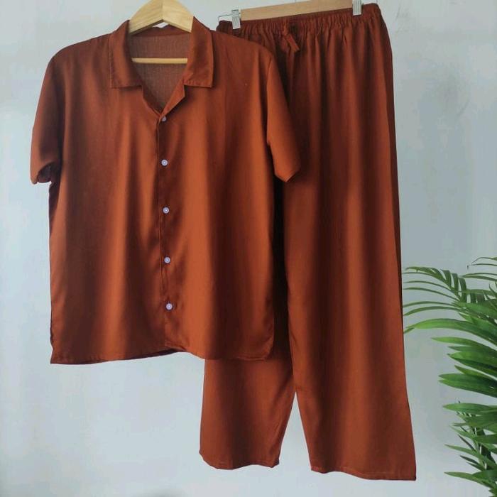 Setelan Wanita Kancing Lengan Pendek Rayon Polos Ld90 Sampai Ld150 Baju Tidur Nyaman Setelan Piyama