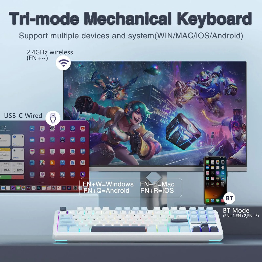 AULA F87 Wireless Keyboard 87 Keys Compact TKL 3 Modes Gasket Gaming Keyboard Hot-Swap RGB Custom