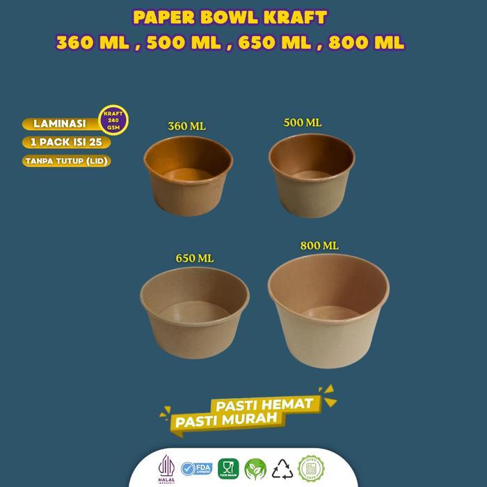 [25 Pcs] Paper Bowl 360Ml 500Ml 650Ml 800Ml Food Grade / Rice Bowl Kraft Laminasi / Paper Bowl Food