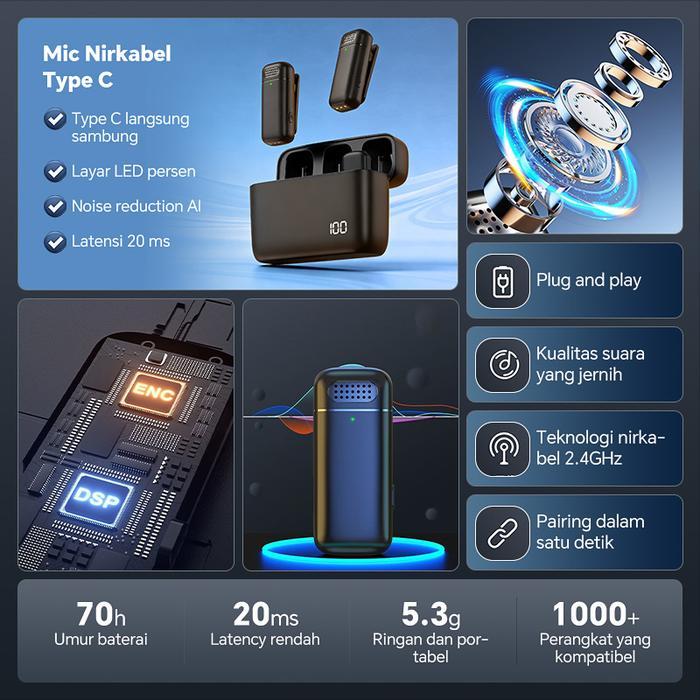 Mini Microphone Bluetooth Mikrofon Nirkabel Lavalier Tanpa Kabel Hp Lapel Mic Wireless Clip On Untuk