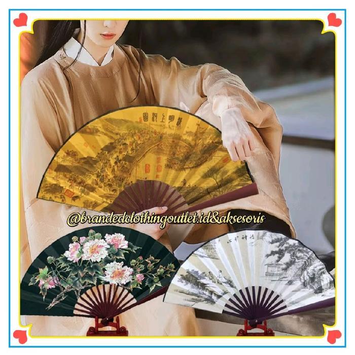 Promo Kipas Kayu Kain Import Premium / Kipas Lipat Naga Gaya China / Kipas Bambu Lukisan China /